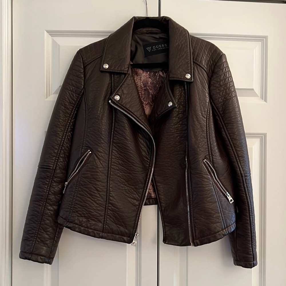Guess Vegan Leather Jacket Brown Burgundy XL Silver Hardware Moto Motorcycle